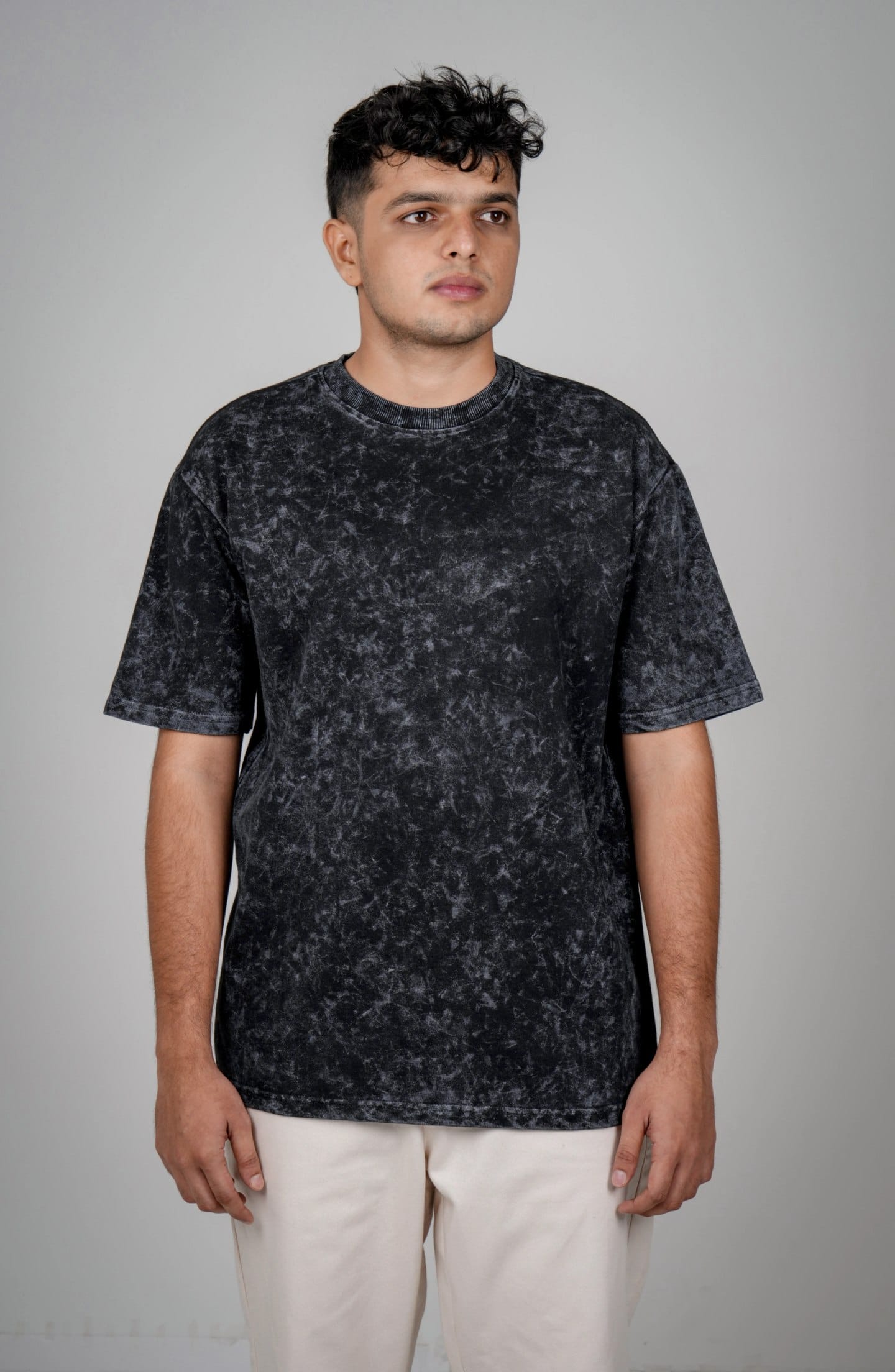 Solid Cotton Round Neck Acid Wash Oversized T-Shirt - Black (Acid Wash)