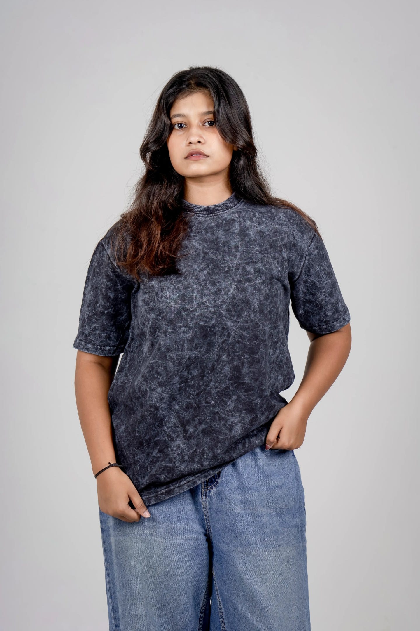 Solid Cotton Round Neck Acid Wash Oversized T-Shirt - Black (Acid Wash)
