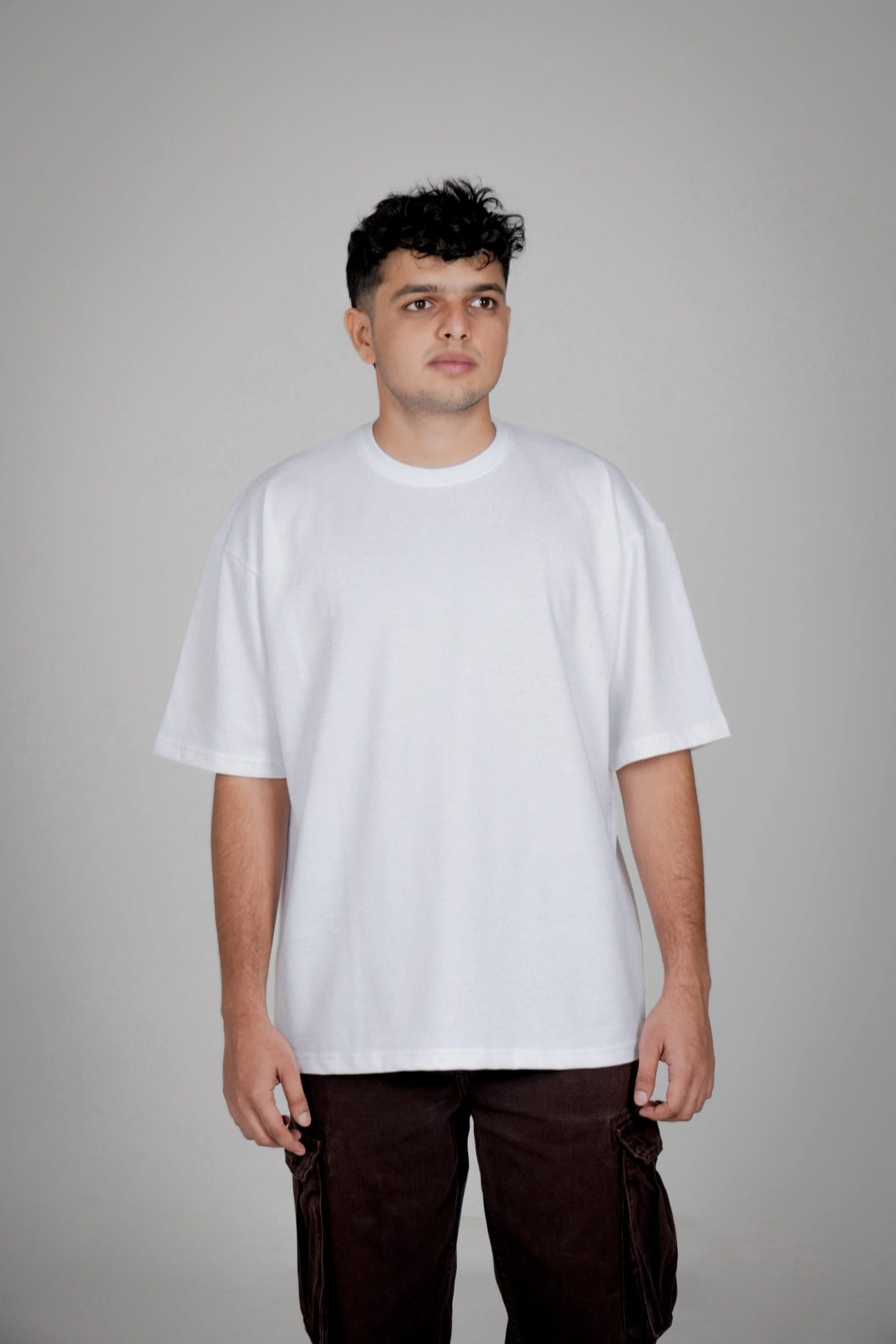 Solid French Terry Cotton Round Neck Oversized T-Shirt - White