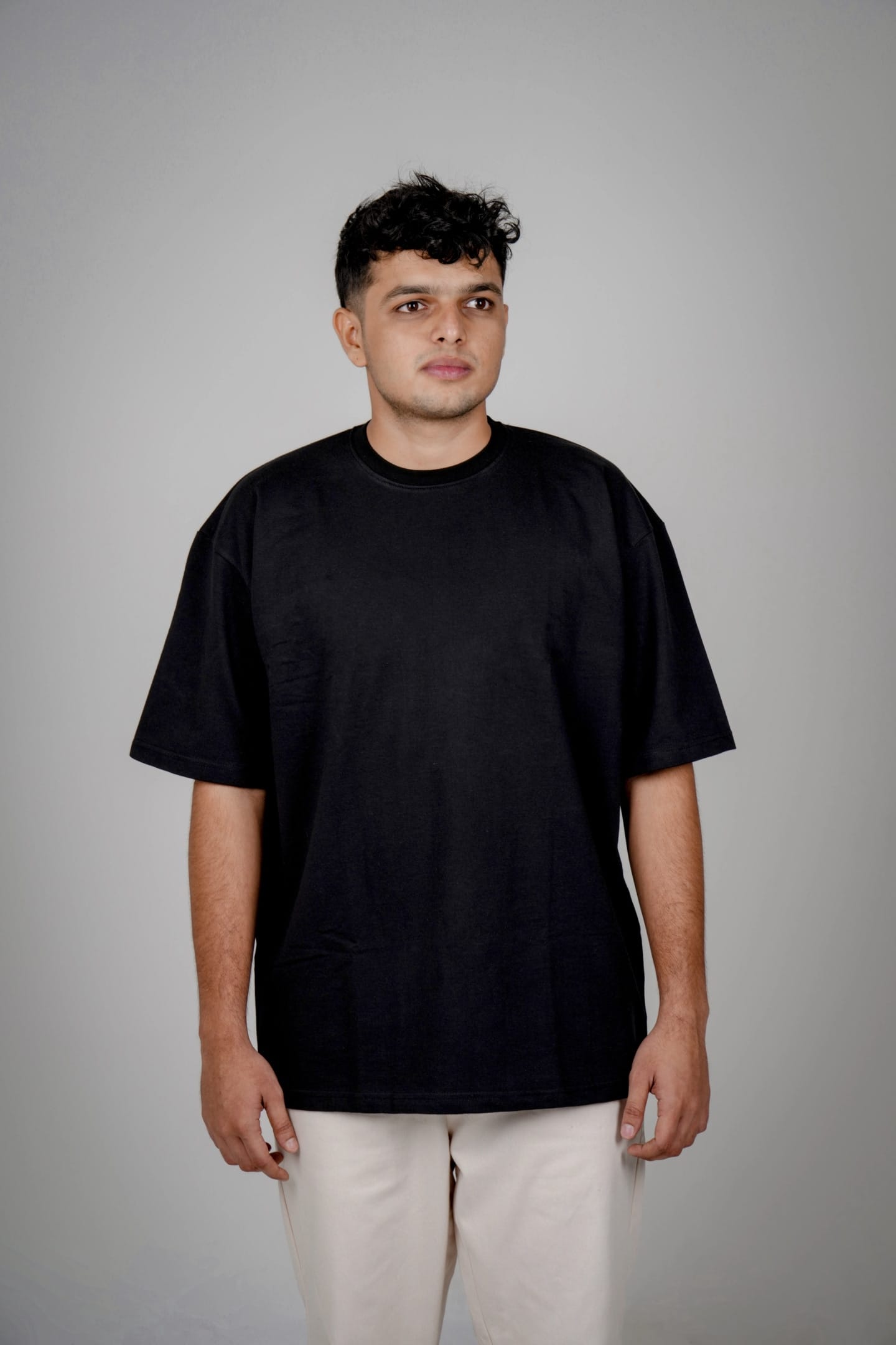 Solid French Terry Cotton Round Neck Oversized T-Shirt - Black
