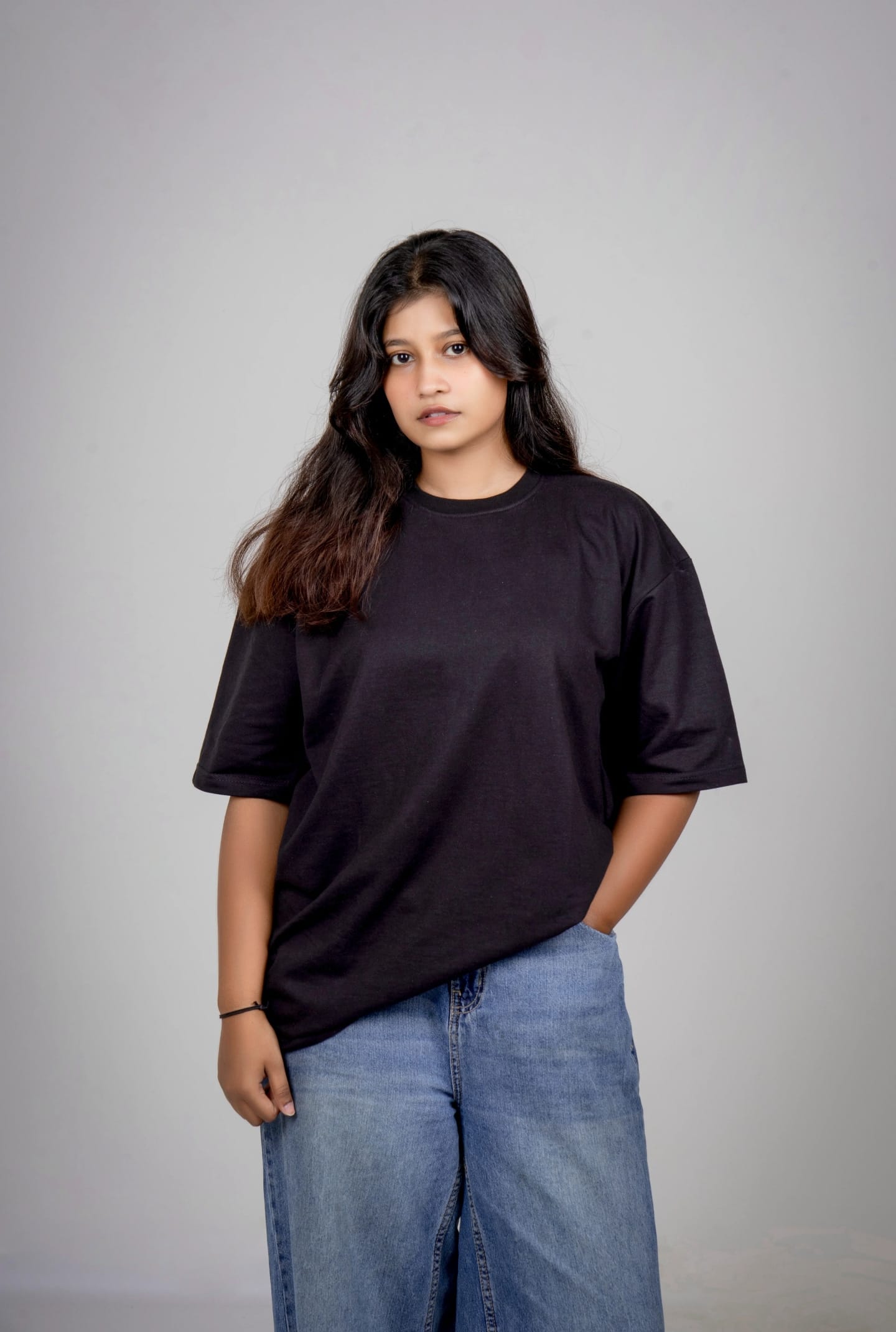 Solid French Terry Cotton Round Neck Oversized T-Shirt - Black